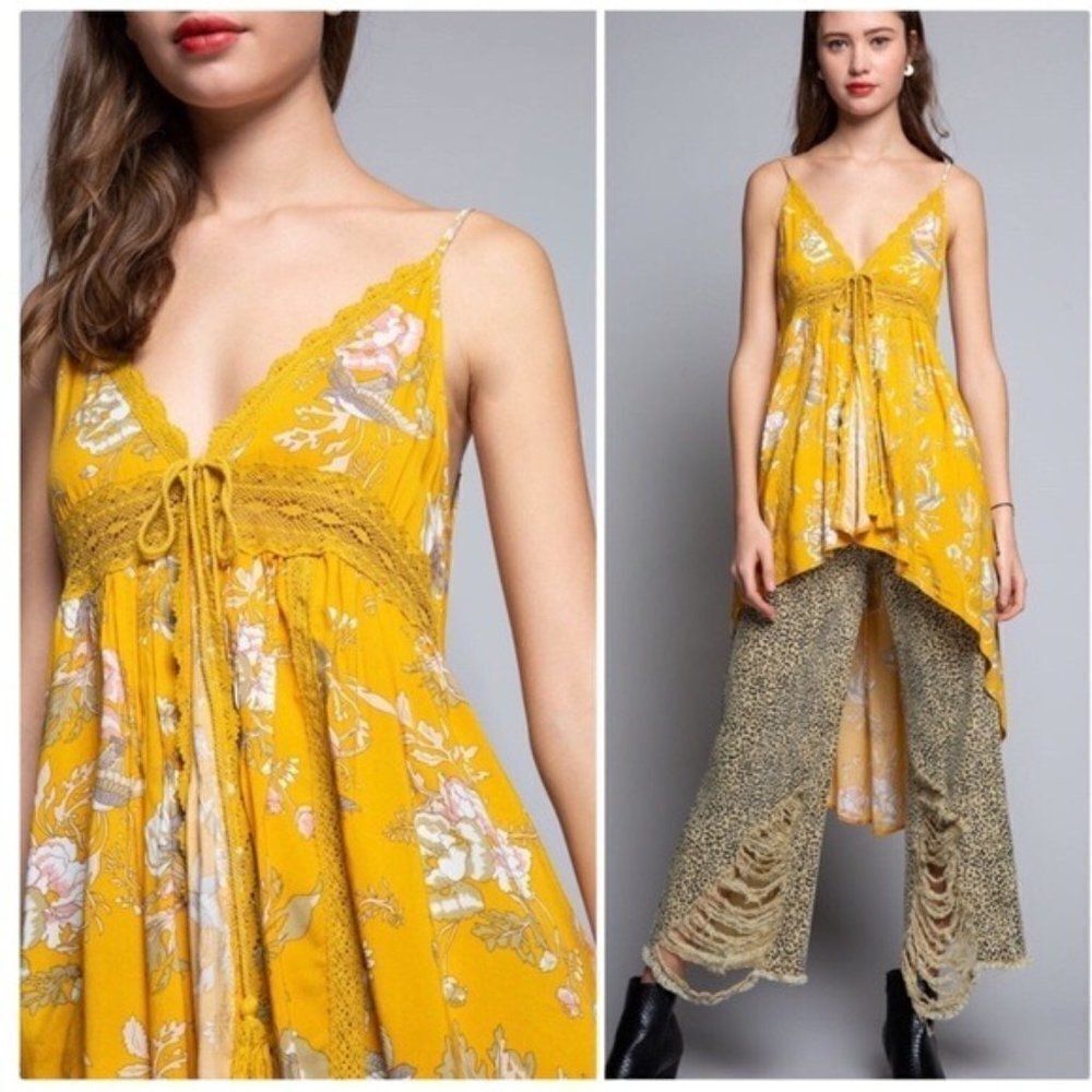 𝅺yellow high low Floral Tunic with Spaghetti Straps